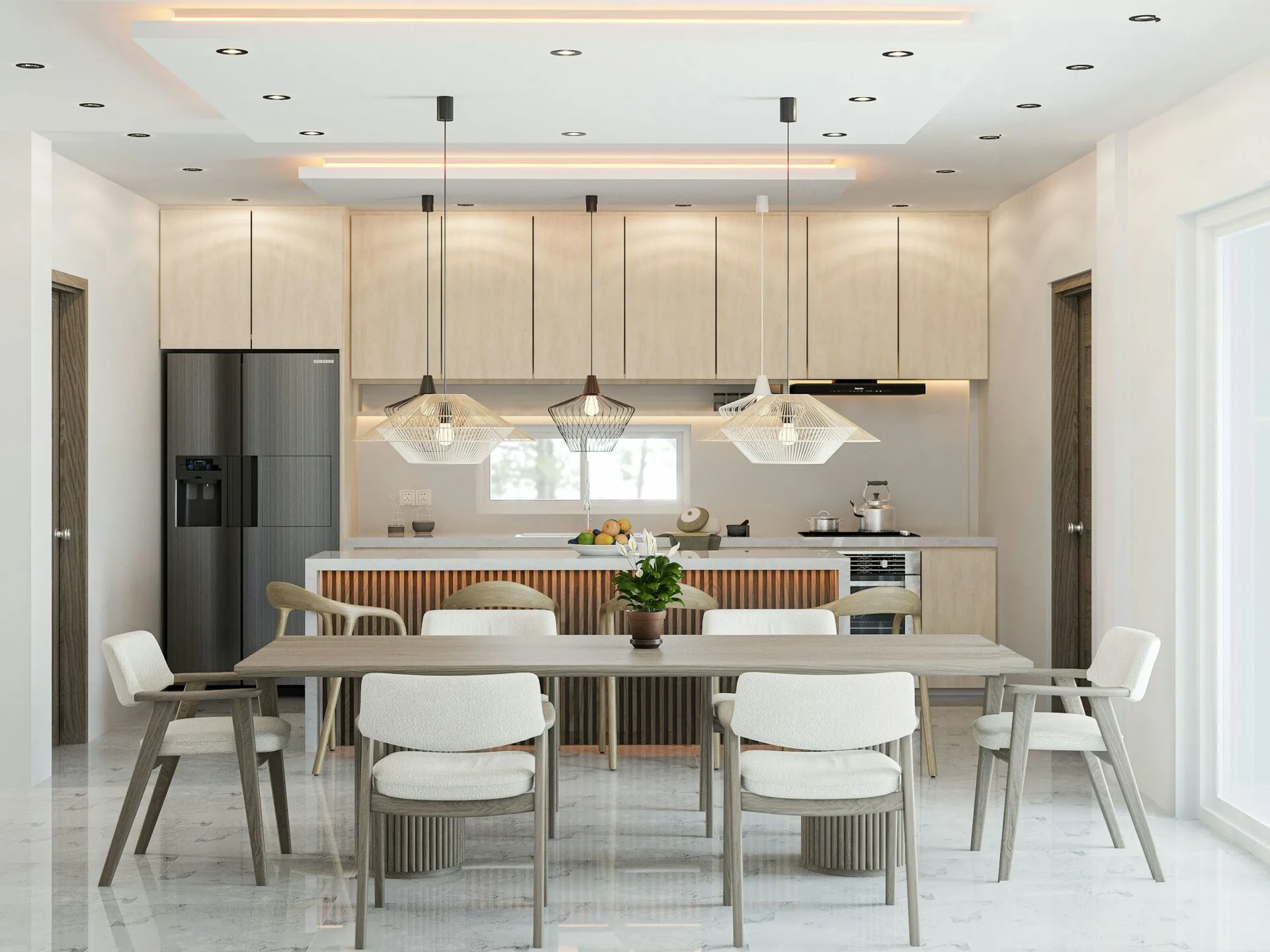 A bright kitchen with modern furniture and lighting