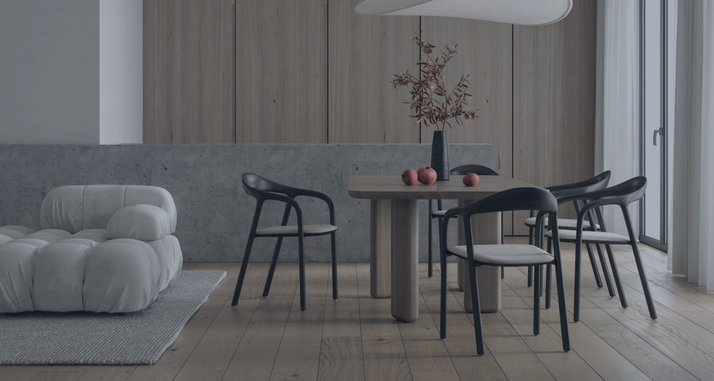 A modern living room with cloud couch, wood panelling on the walls and modern table set furniture