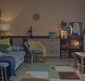 A cosy living space with colorful furniture and chairs