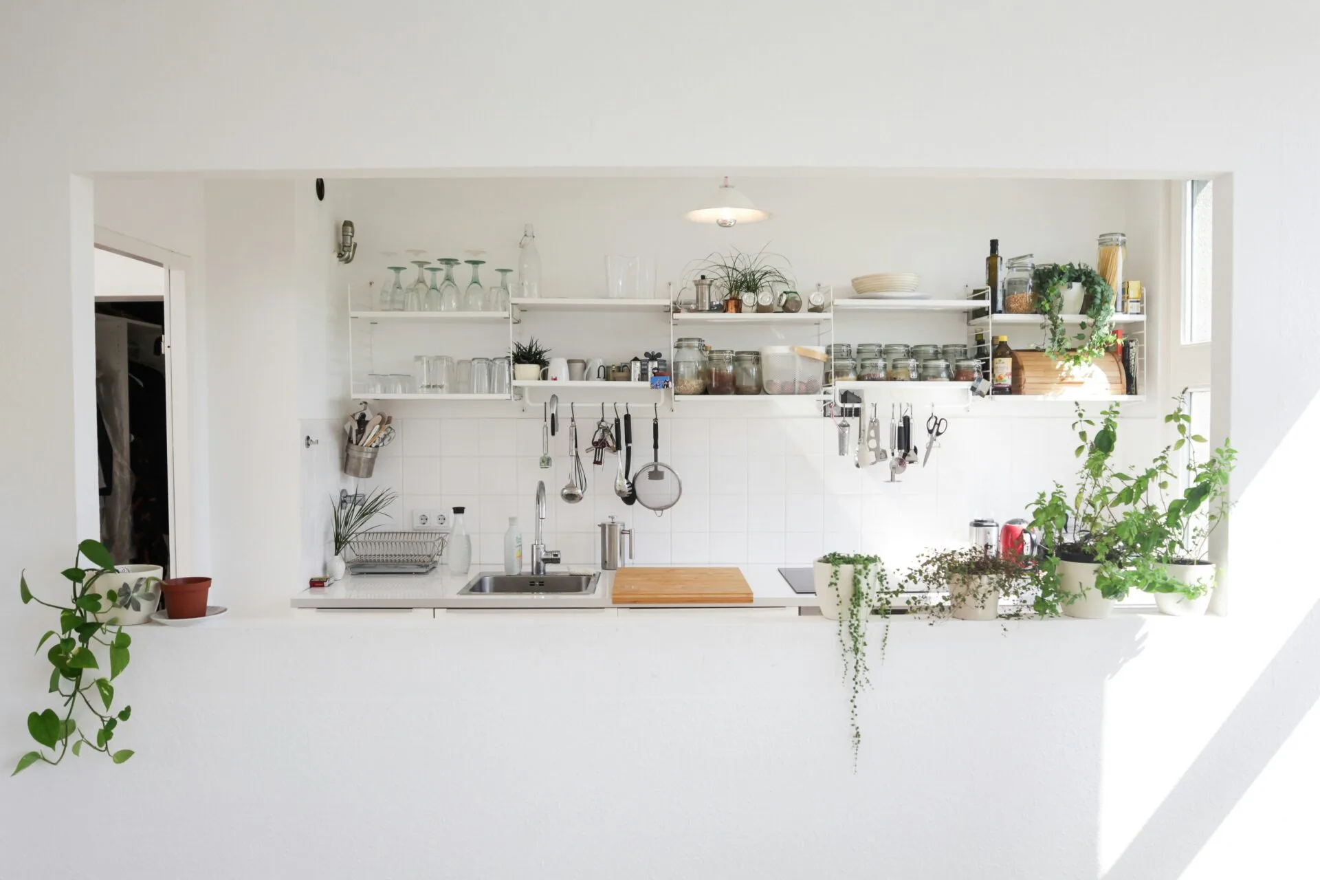 A bright kitchen setting with hanging kitchen utensils, plants, glasses and other materials