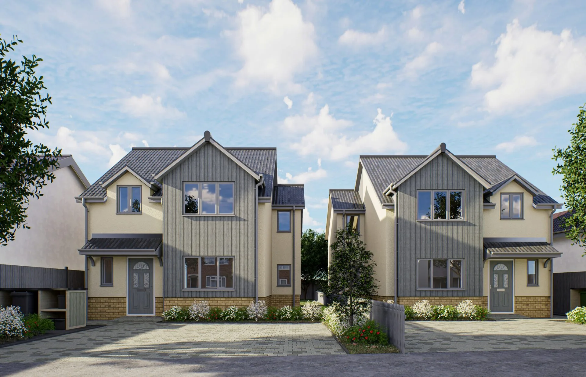 Two new housing developments are lined side by side with modern designs and large open patios