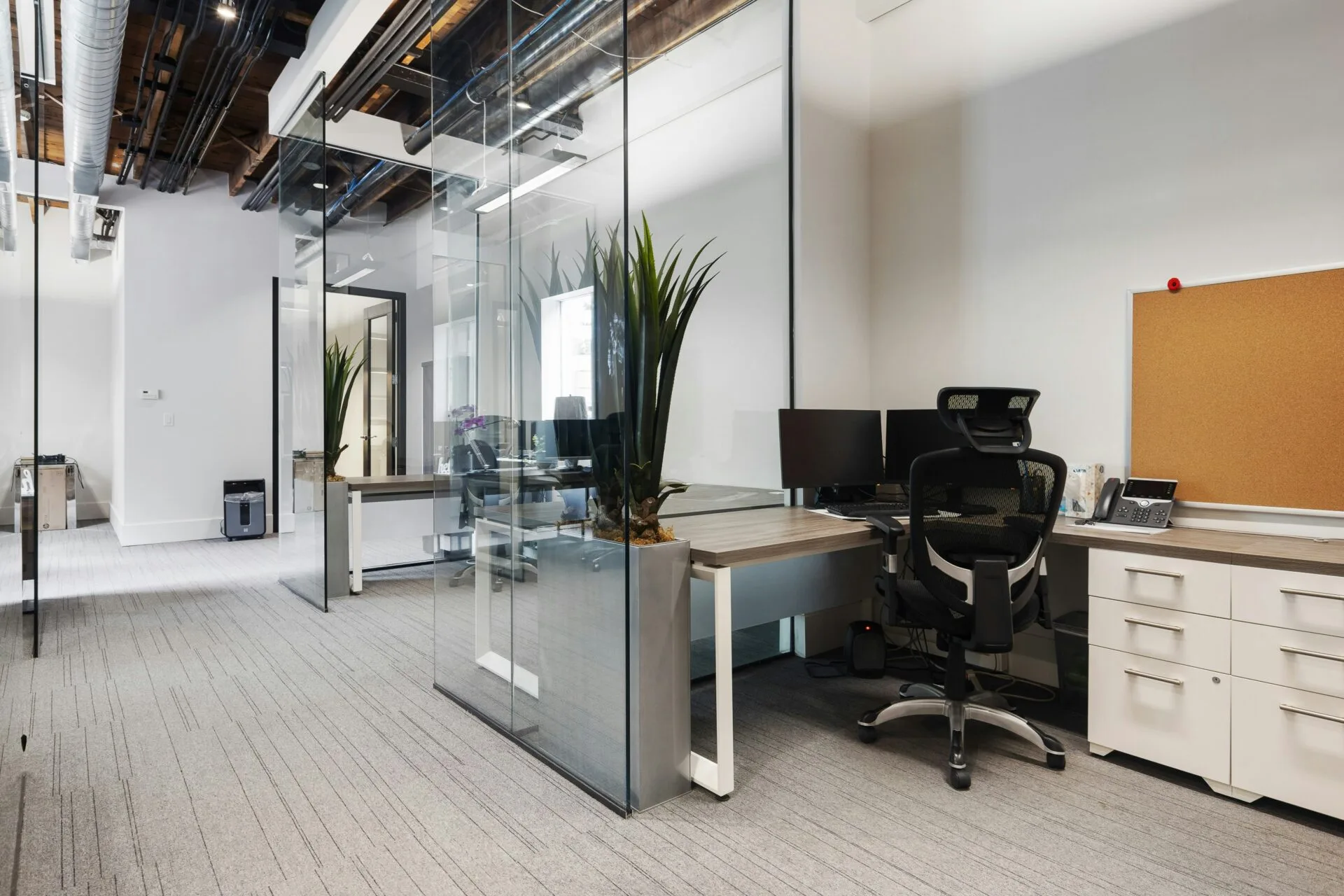 An open office space with multiple desks, bright lighting and open glass doors